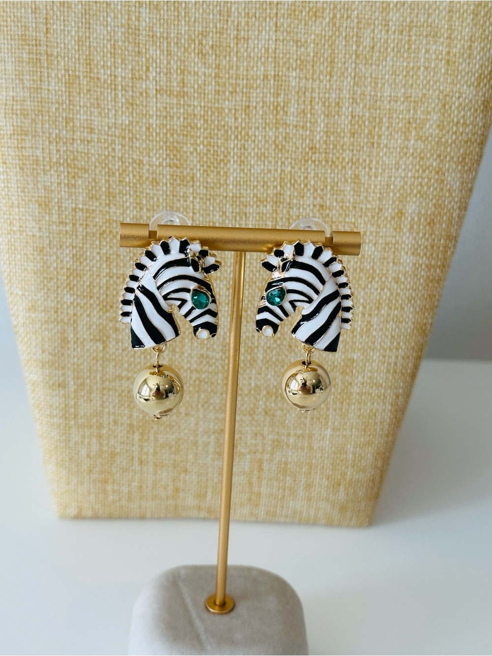 Fashion Jewelry Black & White Zebra Head Drop Earrings with Gold Balls